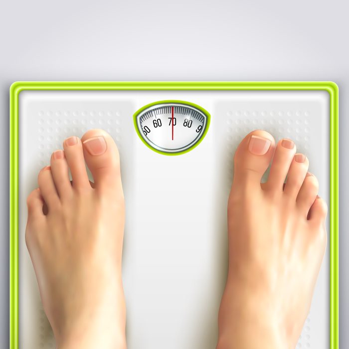 Woman weight loss and fitness with scales and feet realistic vector illustration